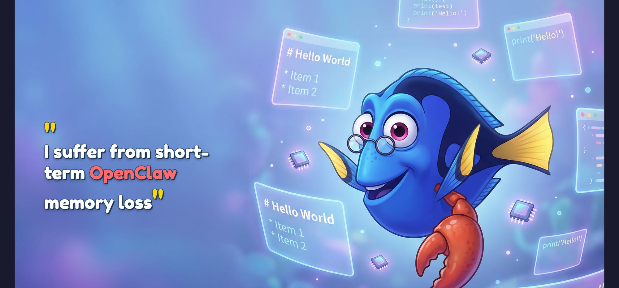 Dory the forgetful fish with a robot claw