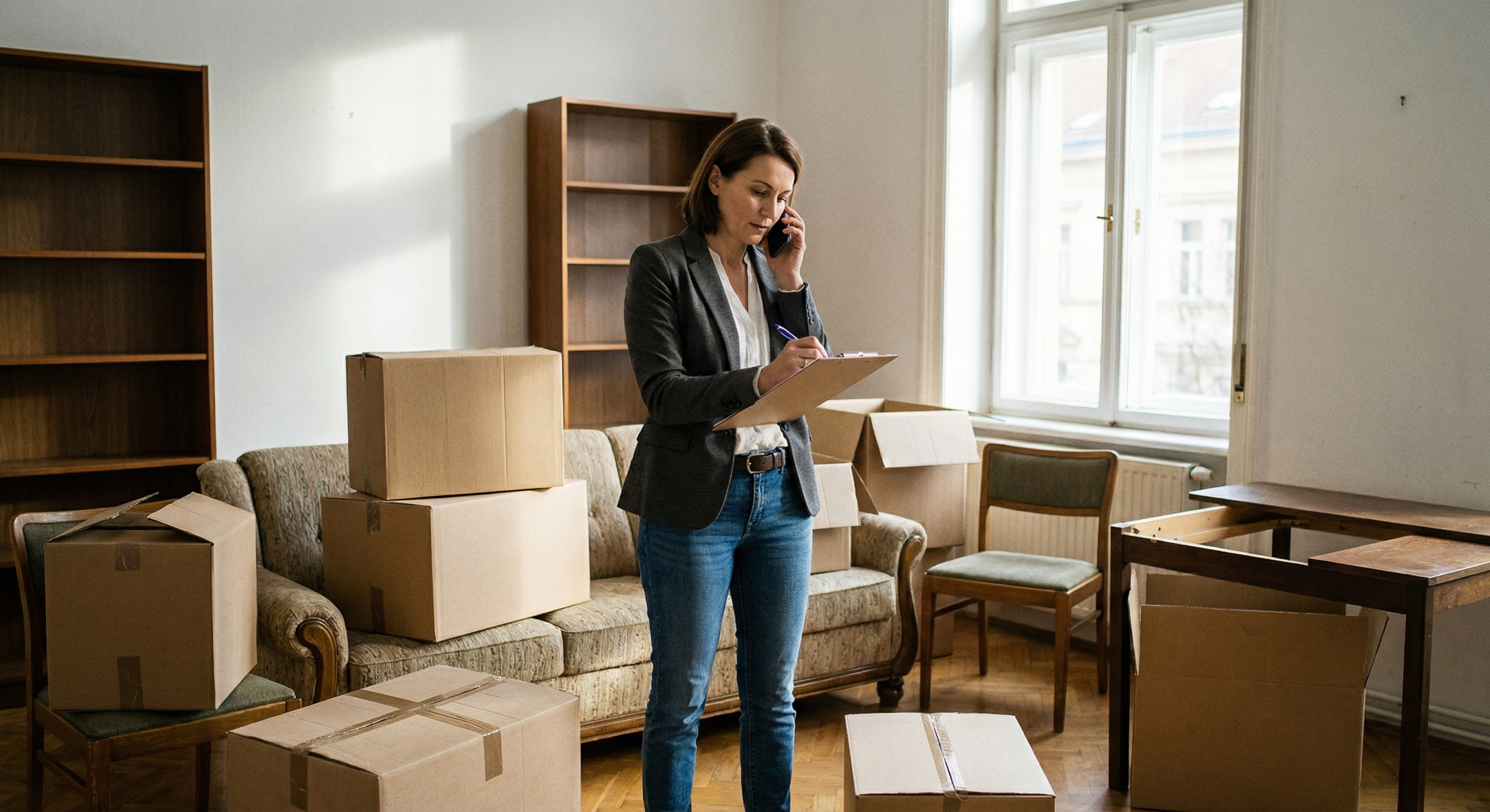 Woman in her 40s on phone in a half-cleared living room, clipboard in hand, logistics mode