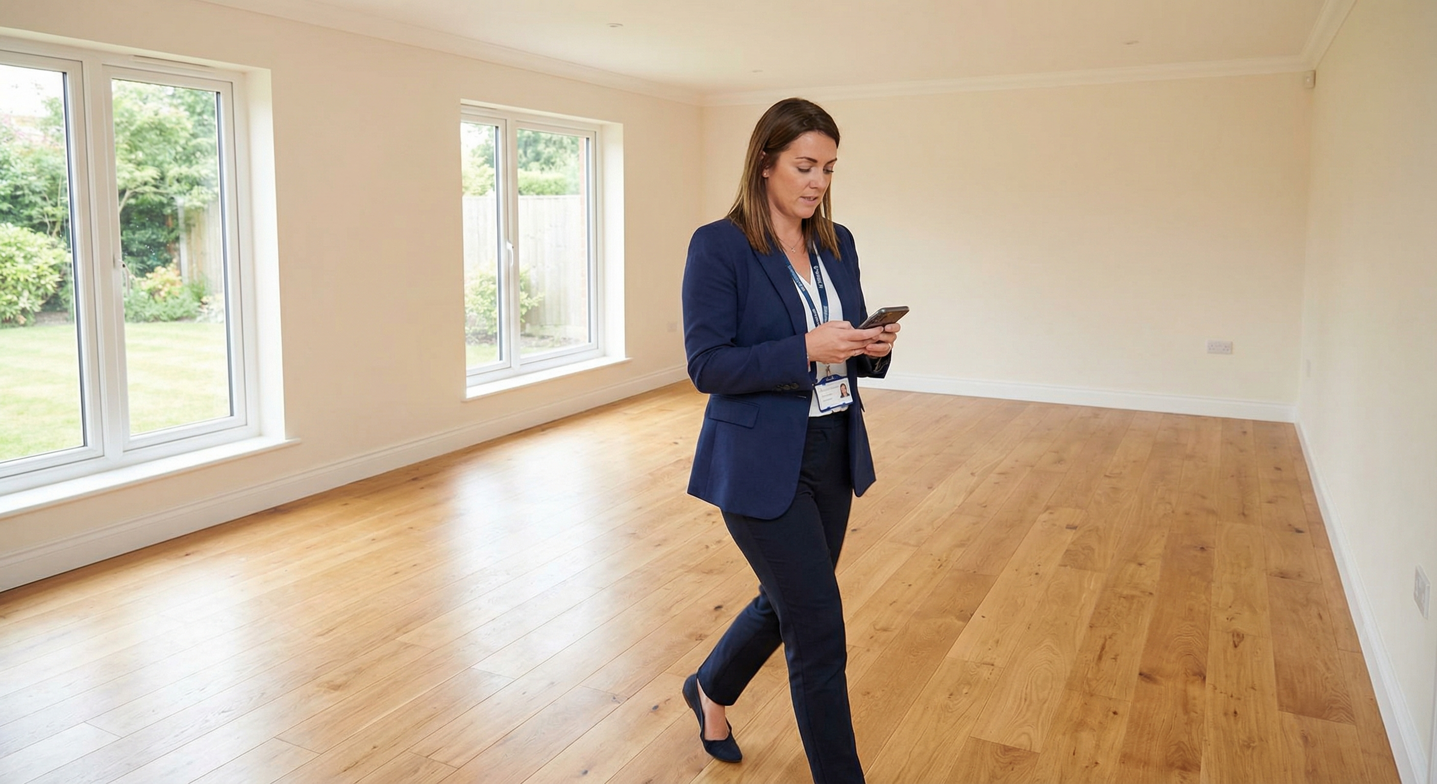 Female real estate agent in blazer walking through an empty room, checking her phone