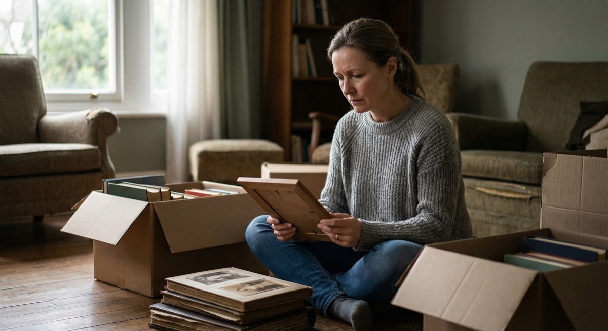 Sitting on the floor among boxes, holding a family photo