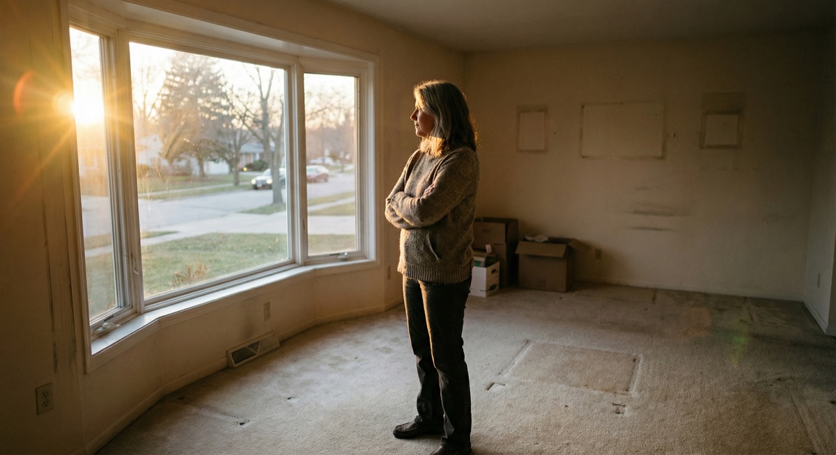 Standing at a window in a half-empty room