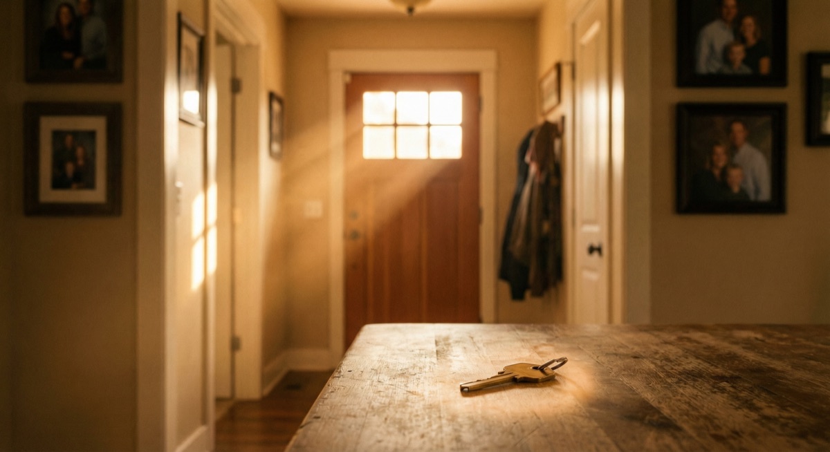 A key resting on a kitchen table in warm golden light