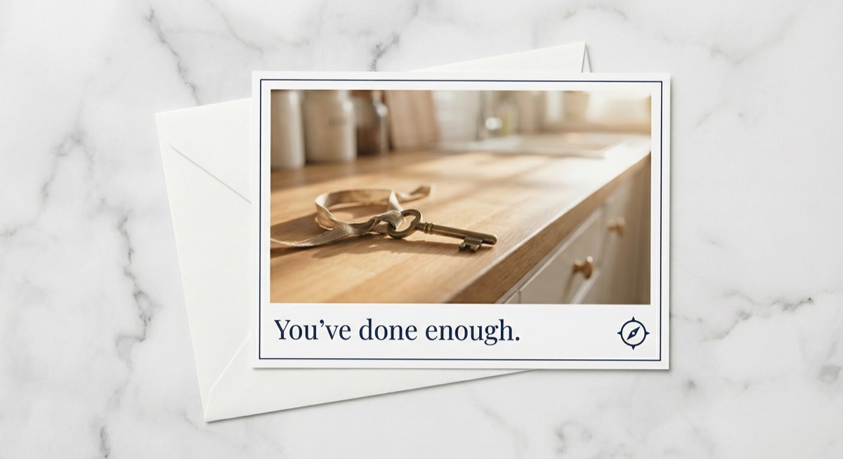 Postcard mockup — key on kitchen table