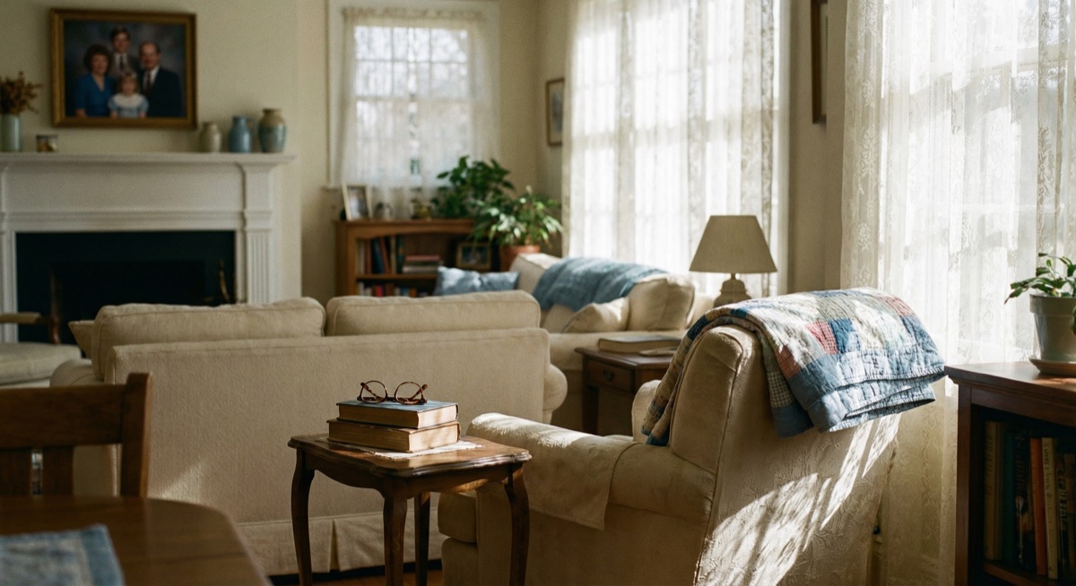 A quiet living room with reading glasses and family photos in afternoon light