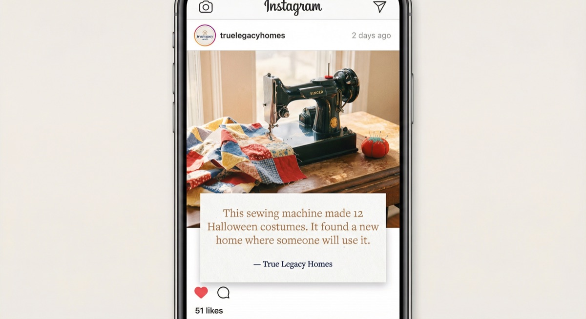 Social post mockup — sewing machine legacy object