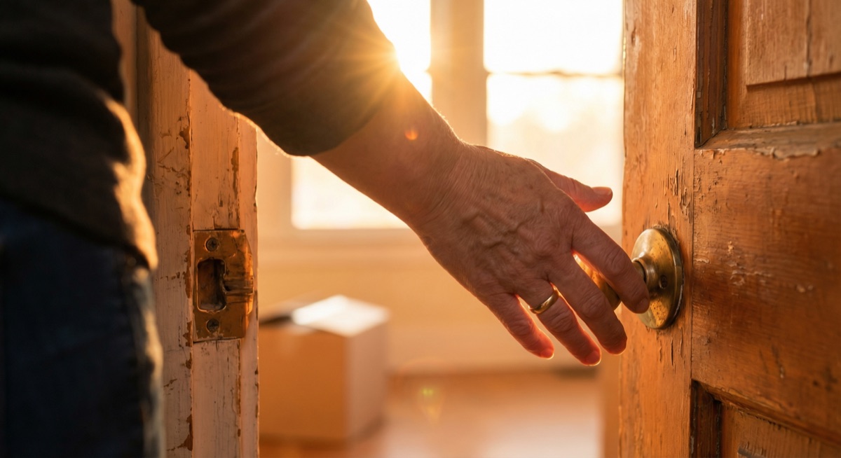 A woman's hand on a front door handle in golden sunset light