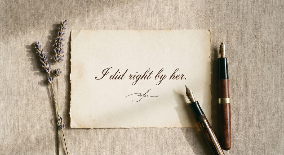 Postcard mockup — handwritten letter 'I did right by her'