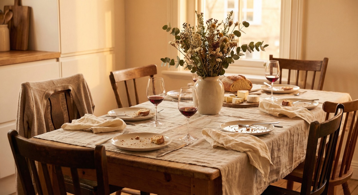 Kitchen table after a family dinner, warm evening light