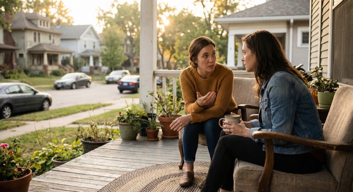 Two women talking on a front porch in golden afternoon light