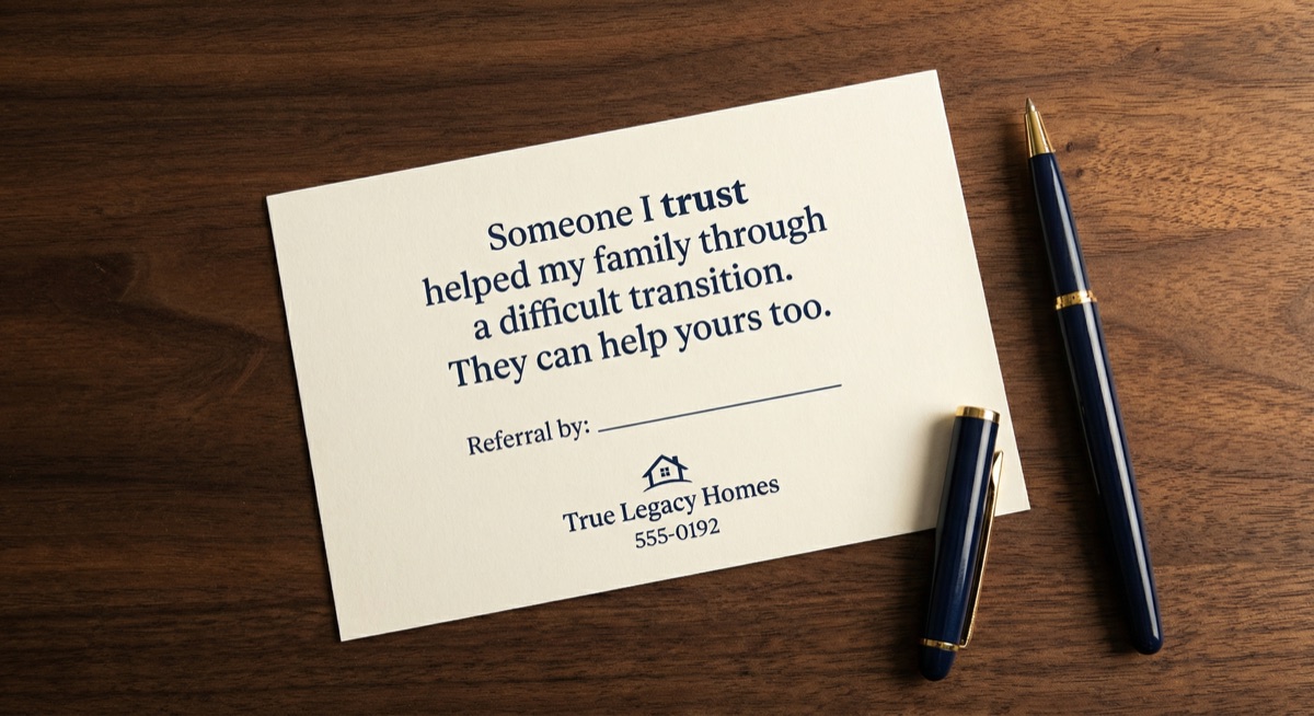 Referral card mockup — cream stock with navy text